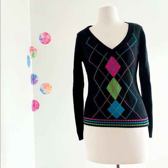 TAMNOON Argyle black colorful sweater size small - Picture 1 of 4